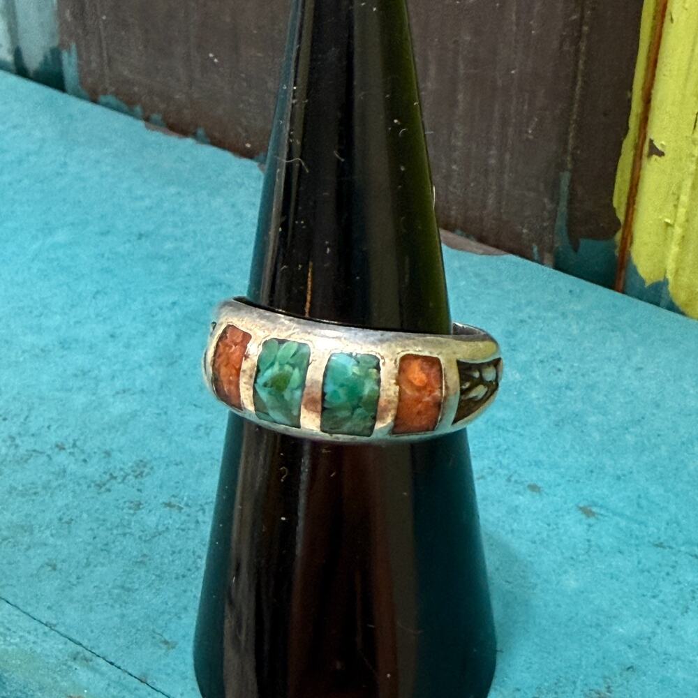 VTG Southwestern Crush Turquoise Coral Inlay Sterling Silver Band Ring Size 6.5